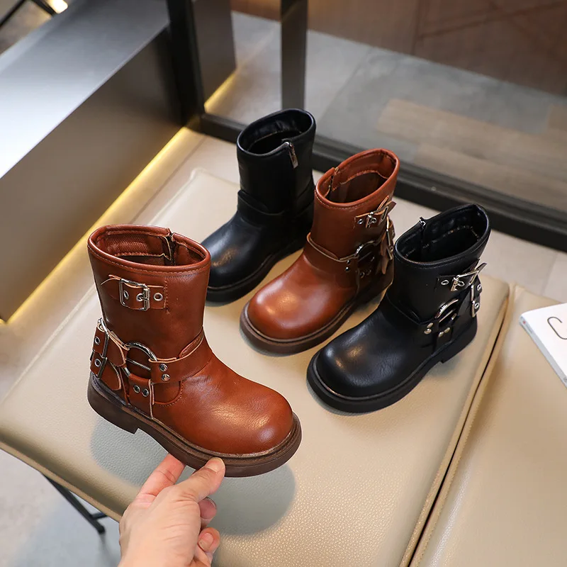 

2023 Girls Leather Boots Autumn Children Boys Soft Bottom Non-slip Side Buckle Boots Kids Korean Fashion Trend Knight Boots