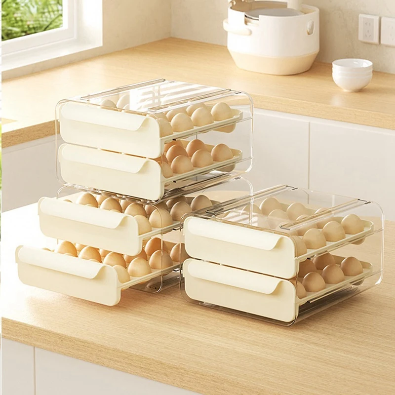 

1Set 2 Tier 32 Drawer Egg Storage Box Plastic Kitchen Refrigerator Container Organizer Egg Tray Tray PP+PET