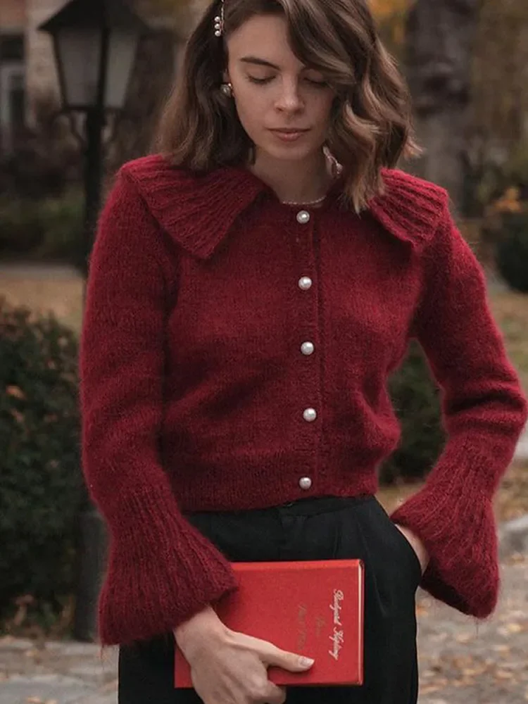 Женский модный вязаный кардиган с кукольным воротником однотонный короткий