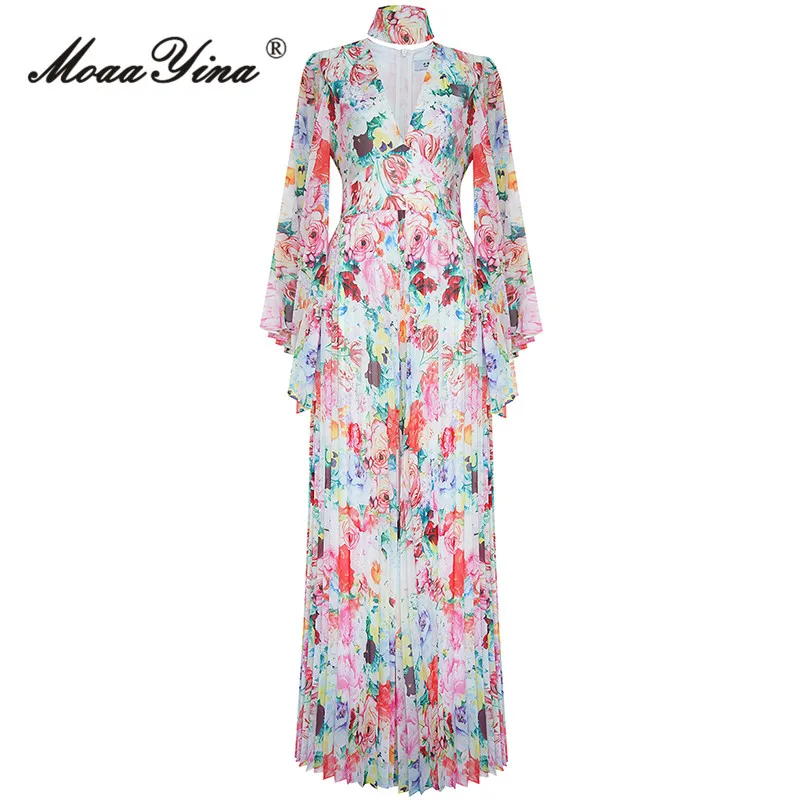 

MoaaYina, весенний модный дизайнерский винтажный плиссированный комбинезон с принтом, женский комбинезон с глубоким v-образным вырезом, длинным рукавом и высокой талией, тонкий комбинезон с широкими штанинами