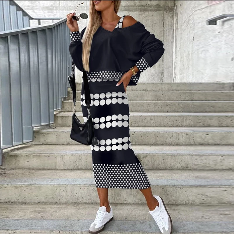 Женский костюм с винтажным принтом свободная блузка длинным рукавом облегающее