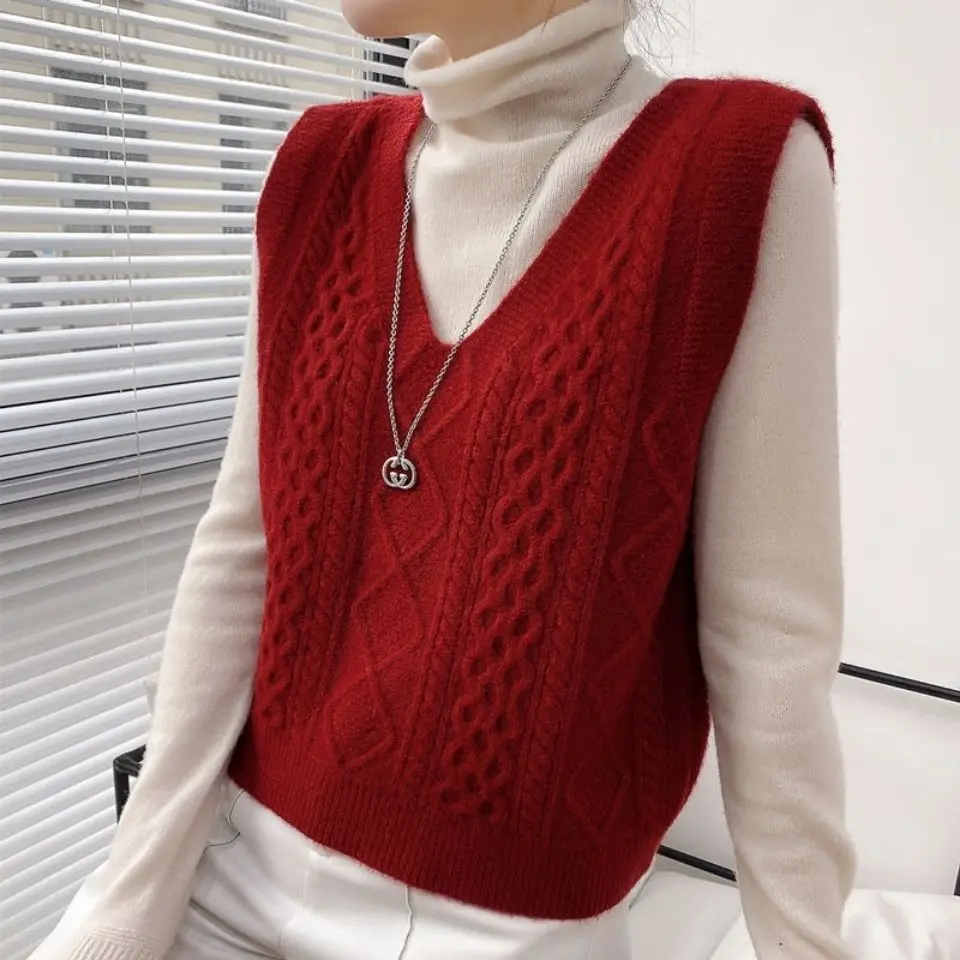 

Women V-Neck Knitted Vest 2022 New Spring Autumn Sweater Vests Short Female Korean Style Waistcoat Sleeveless Knit Pullovers B27