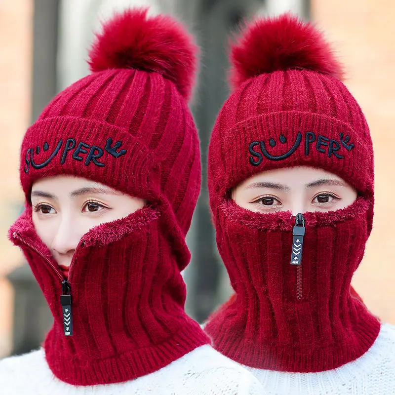 Women Autumn And Winter Knitted Ear Protection Warm Hat Bandana Scarf Women Luxury Siamese Plus Fleece Hijab Cycling Men's Caps