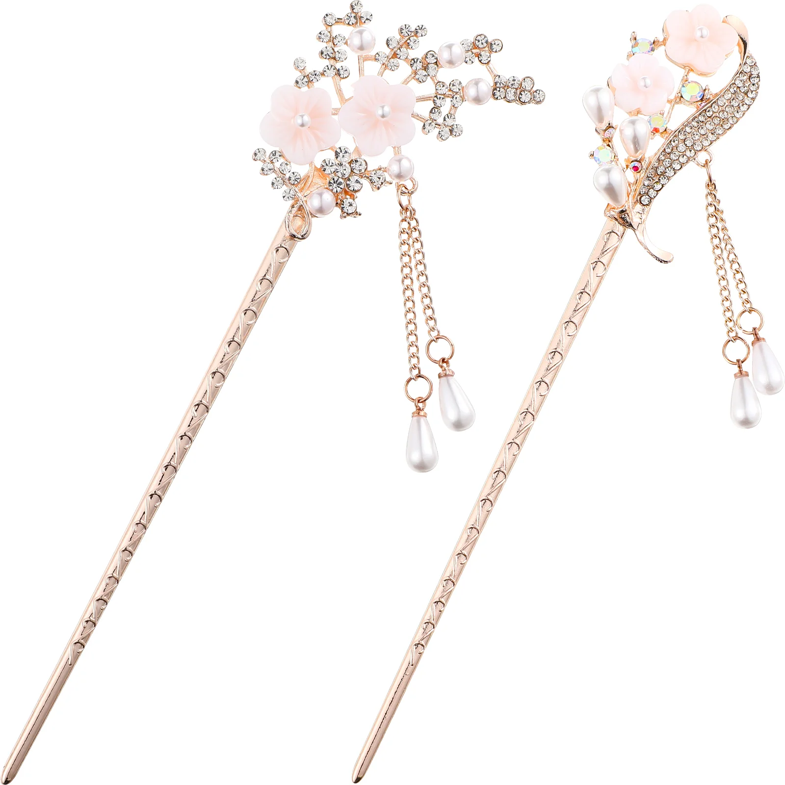 

2 Pcs Pearl Tassel Hairpin Vintage Sticks Women Rhinestone Chinese Fork Chopsticks Alloy Bun Miss Bride