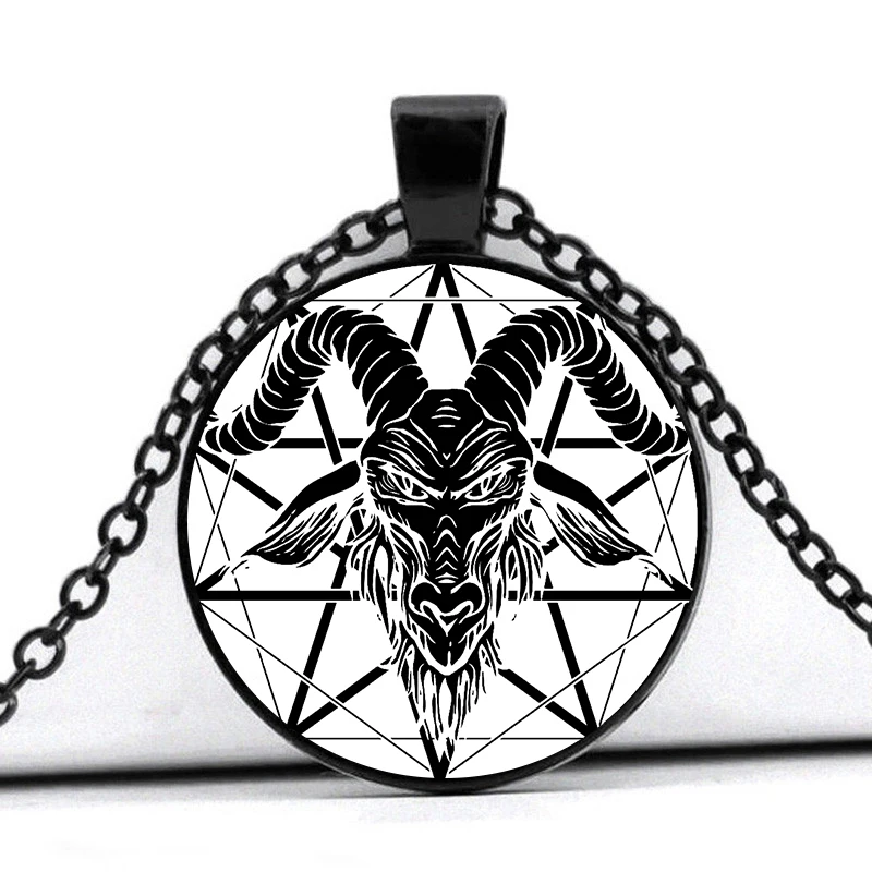 

Satan Baphomet Goat Skull Head Pendent Necklace Pan God Pentagram Glass Cabochon Pendant Amulet Jewelry Gift