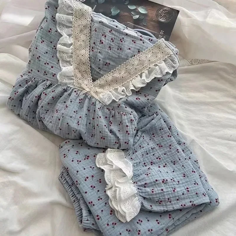 Южная Корея Ins Cherry Floral Пижамы Женские весенне-осенние с длинными рукавами Удобные