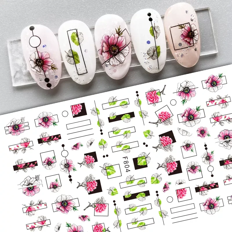 

Decals Stickers Gothic Spring Black White Flowers Nail Manicure Hollow Floral Leaves Sliders Geometry 3D Decoration Transfer