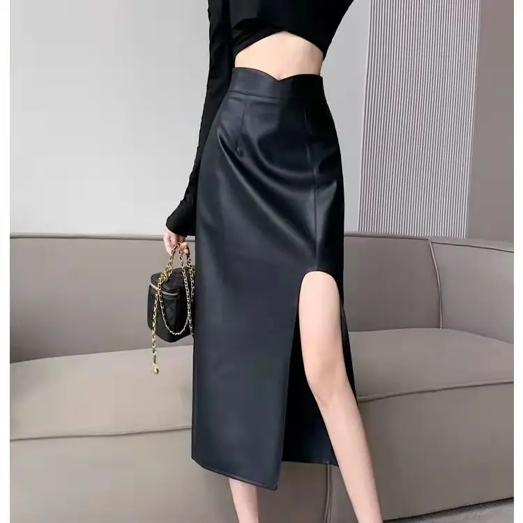 PU Leather Skirt Half New Fashionable Split Hip Wrap Skirt Half Split One Step in Autumn and Winter  Casual  A-LINE