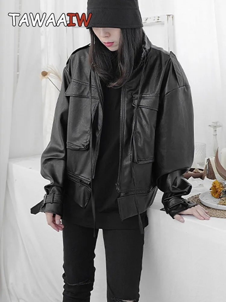 

Женская куртка с длинным рукавом Tawaaiw, черная Готическая куртка из искусственной кожи в стиле стимпанк, уличная одежда в Корейском стиле, женская верхняя одежда в стиле Харадзюку
