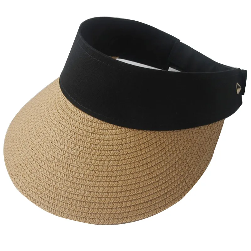 

2021 Summer Hats Women Handmade Woven Raffia Straw Sun Visor Hat Empty Wide Brim UV Protection Adjustable Beach Cap