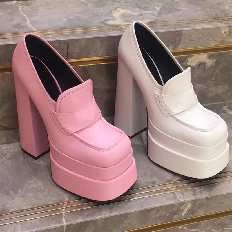 

Large Size 34-43 Women's Shoes Platform High Hoof Heels Loafers New Square Toe Fashion Pumps Shoes For Woman Sexy Dress Shoes