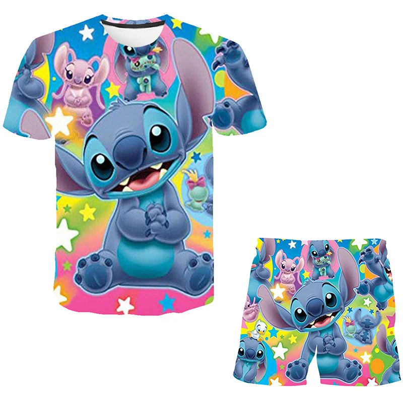 

6M-10 Yrs 2 Pcs Girls Stitch Clothing Sets 2023 Summer Baby Girls T Shirts Short Trousers Clothes Outfits Children Casual Suits