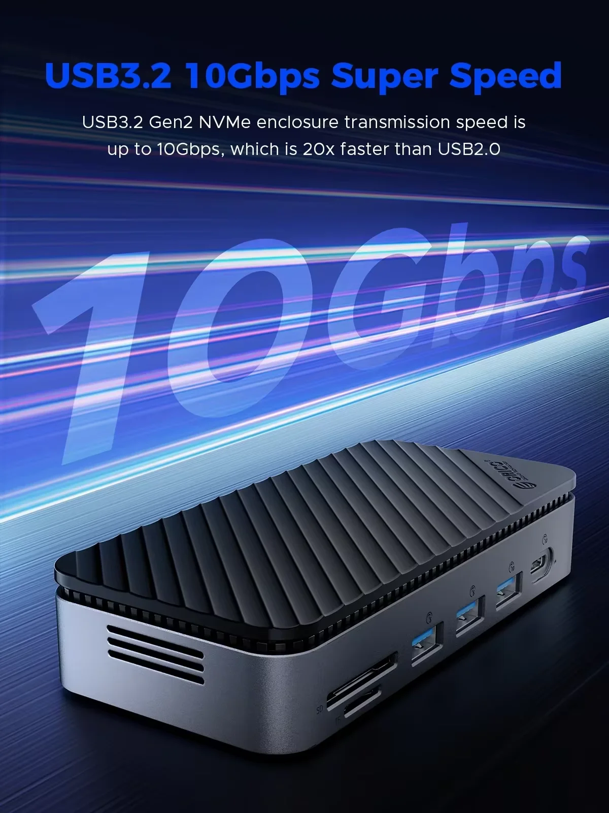 Фото ORICO 10Gbps USB C Display HUB M.2 NVMe SATA SSD Enclosure Dock с охлаждающим вентилятором, внешняя док-станция с HDMI, RJ45, PD100W №4