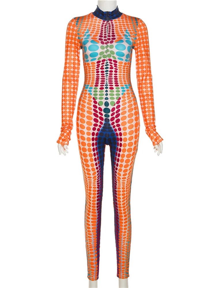 Ladies Tie Dye Print Club Wear Y2K Long Sleeve O-Neck Bodycon Skinny Zipper Jumpsuit Fall Clothes Women Sporty Streetwear Romper
