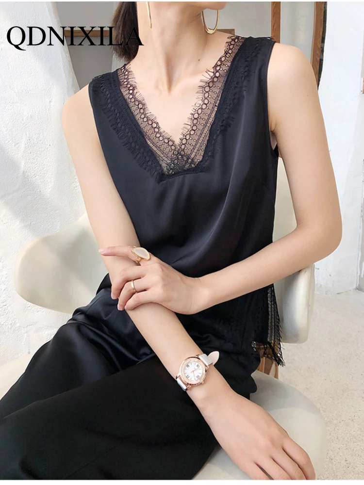Блузка женская кружевная без рукавов базовая Элегантная атласная шелковая
