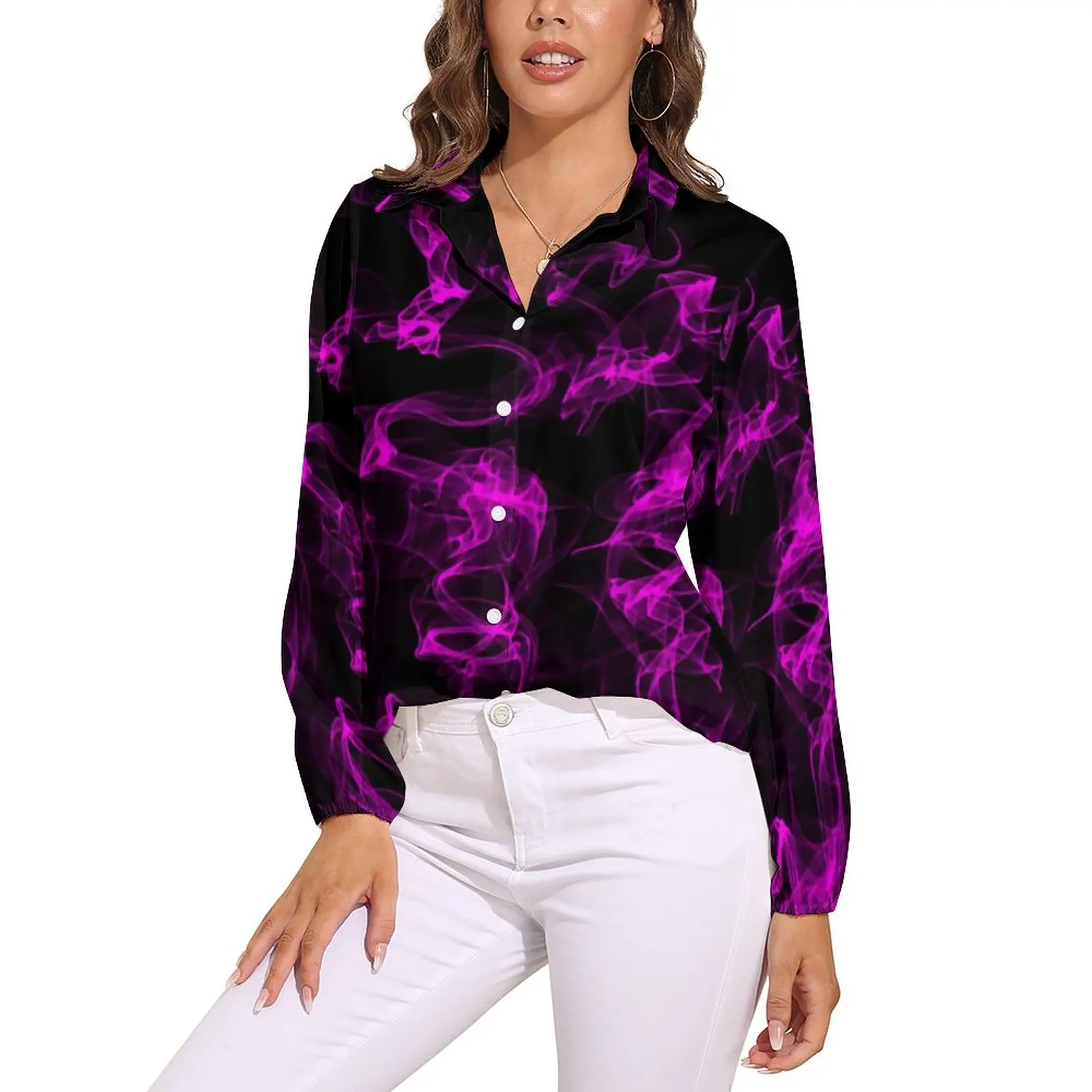 

Neon Violet Liquid Blouse Female Abstract Print Street Wear Loose Blouses Long-Sleeve Elegant Shirts Pattern Top Large Size