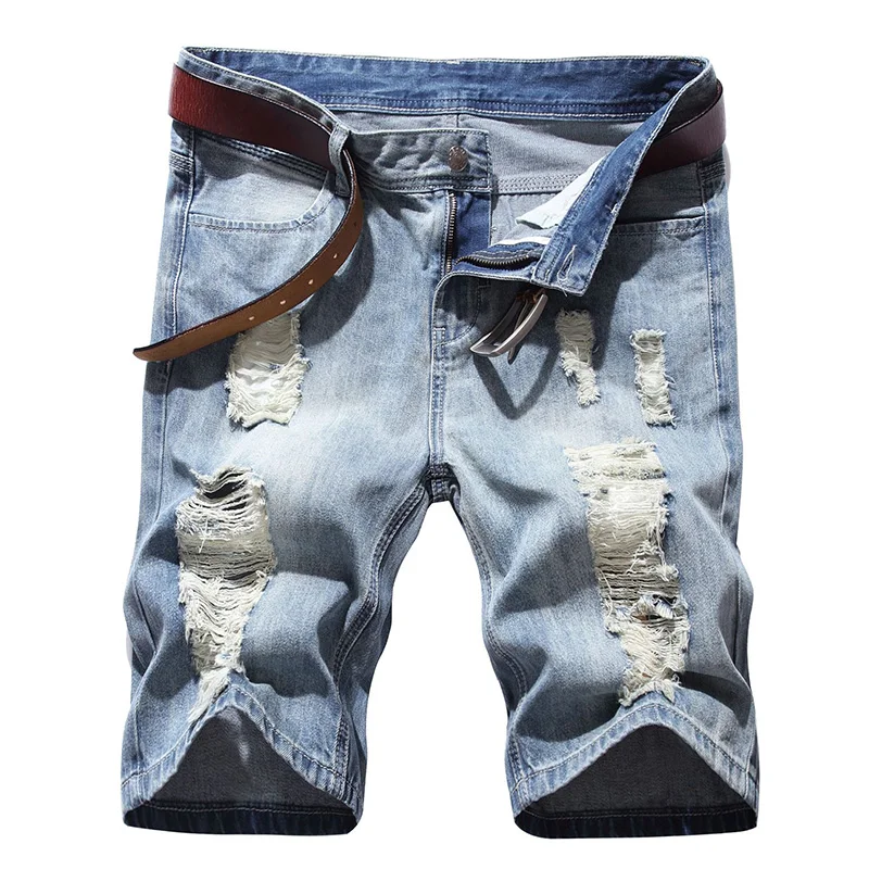 Men Ripped Short Jeans Summer Fashion Holes Denim Shorts Good Quality Male Straight Loose Jean Shorts Knee Length Pants