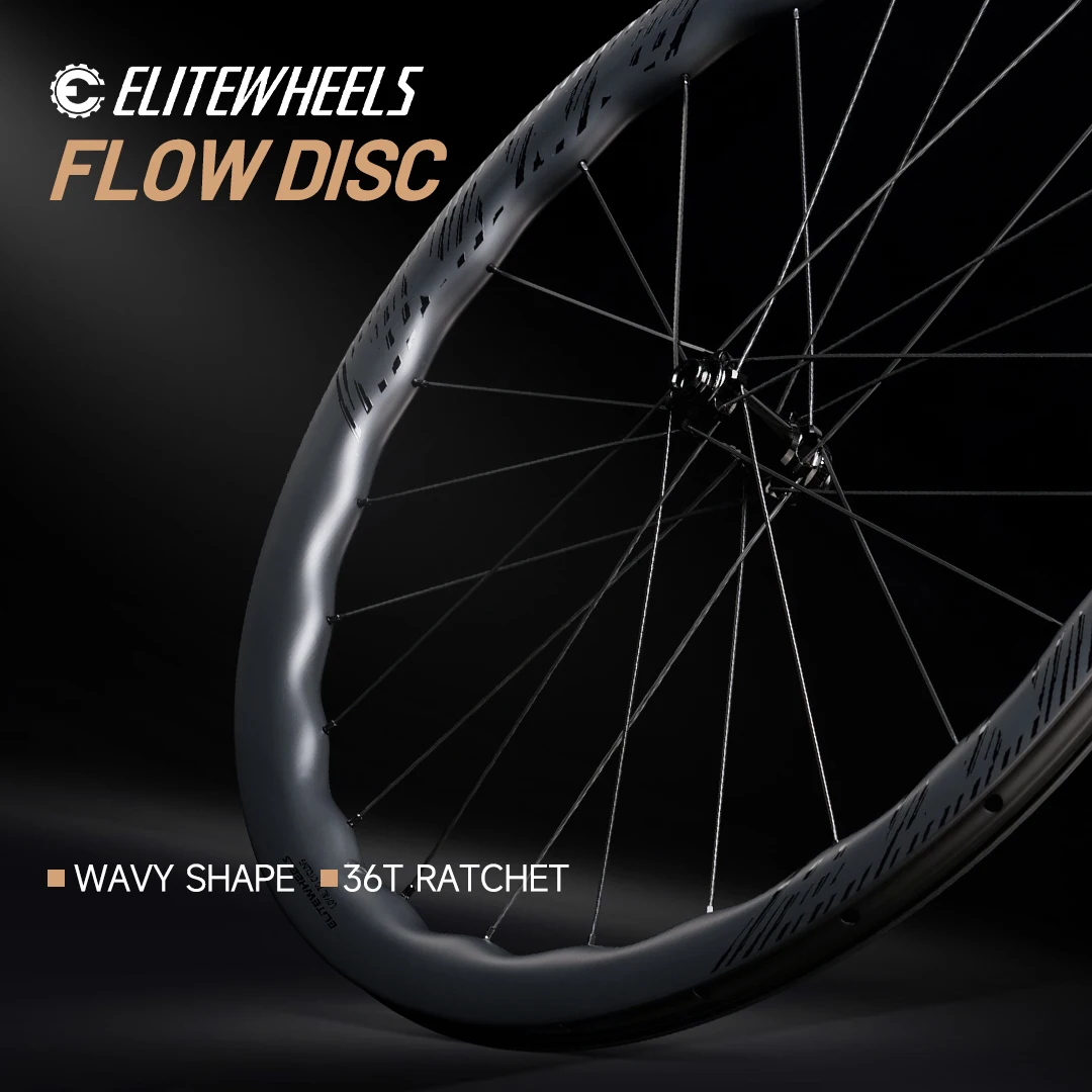 Фото ELITEWHEELS FLOW Дорожный дисковый тормоз 36T Трещотка Велосипедная волна 40/45 мм Колеса AERO 700C Карбоновая колесная пара №1