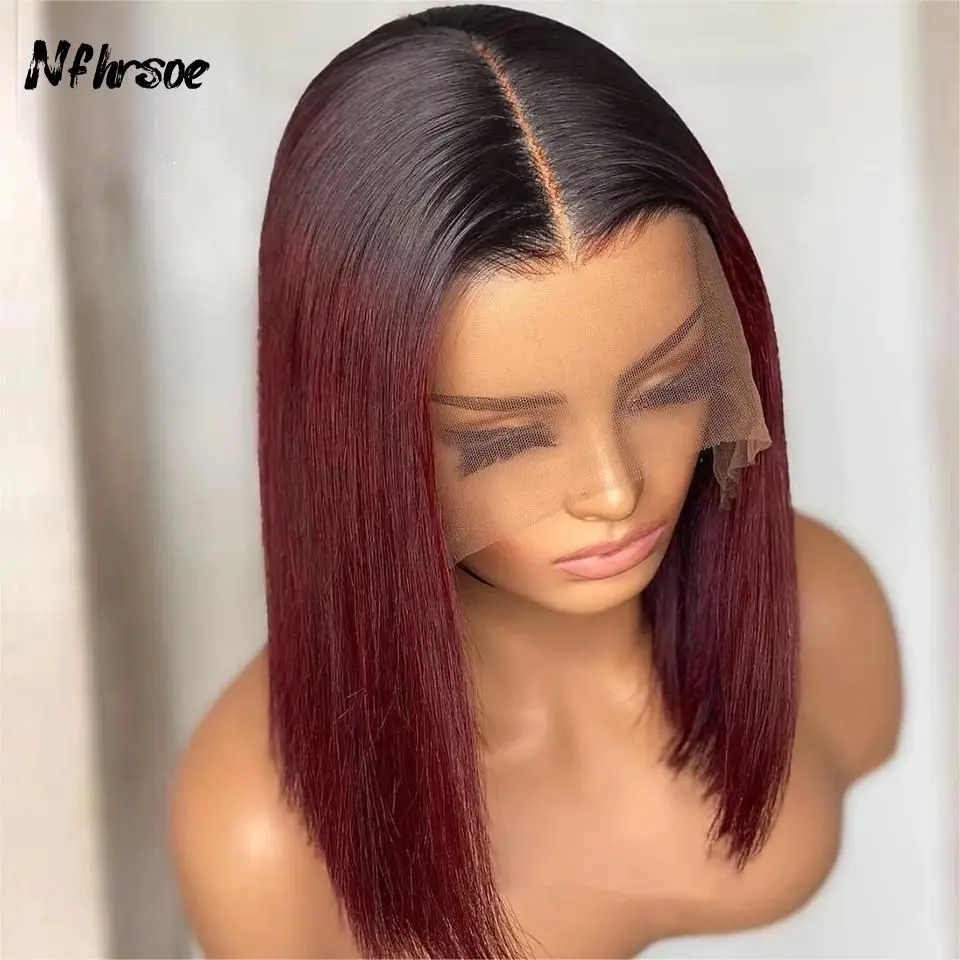 Ed Brazilian Straight Short Bob Wig Burgundy Lace Frontal Wigs