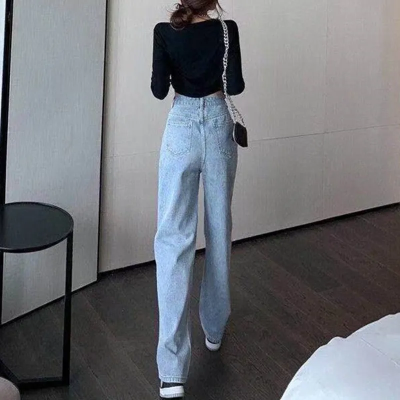 Women Fashion Harajuku Straight Pants 2021 High Waist Heart Print Jeans Wide Leg Denim Trousers Blue Streetwear Vintage Quality