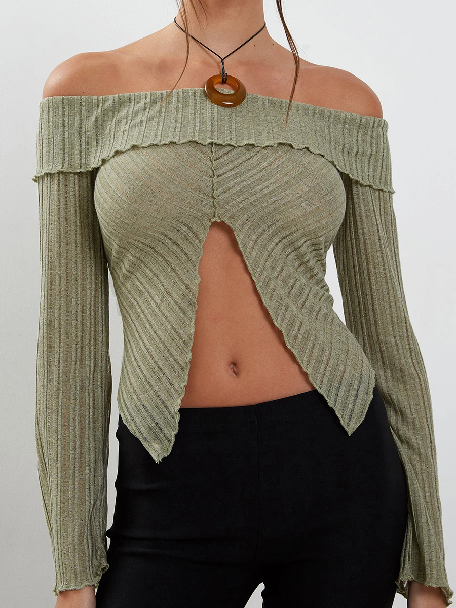 Новые модные женские трикотажные топы с открытыми плечами и длинным рукавом