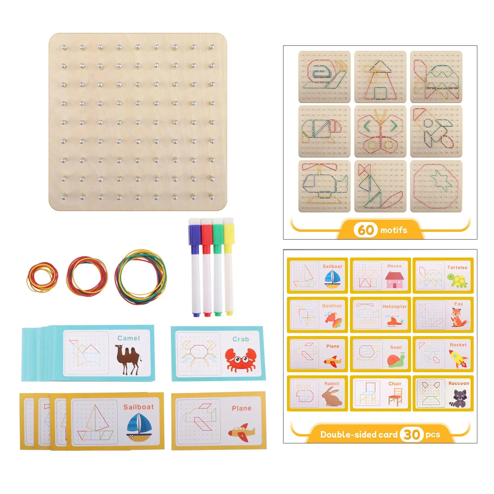 Wood Geoboard Set Graphical Educational Baby DIY Puzzle Creative Toy Development Toy W/ 4 Marker Pens for Toddlers Children