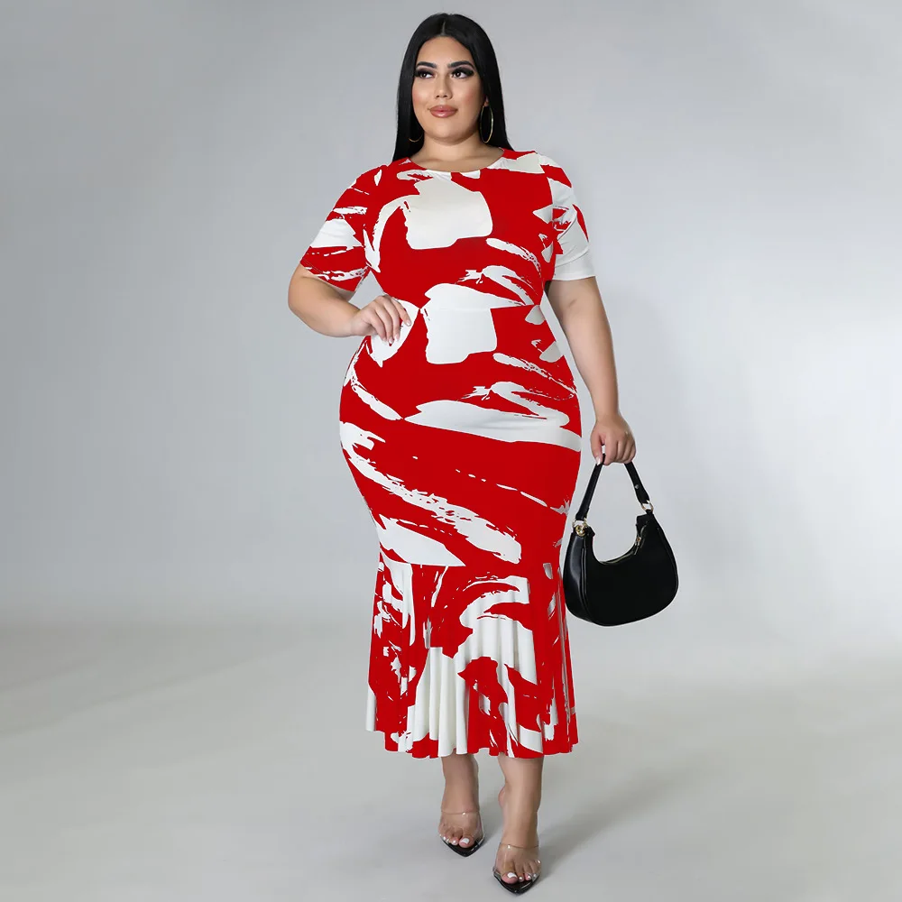 Plus Size Women 4xl Dress Print Ruffle Elegant Dress For Chubby Lady Fashion Party Evening Robe Summer Luxury Wholesale Clothes