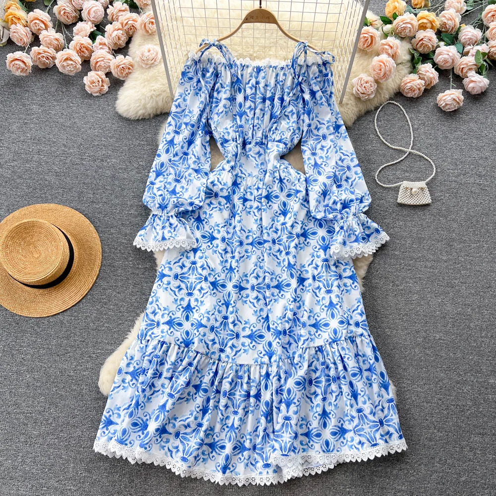 

Fashion Runway Summer Long Dress Women's Spaghetti Strap Slash Neck Flare Sleeve Blue Flower Printing Vacation Dress N5190