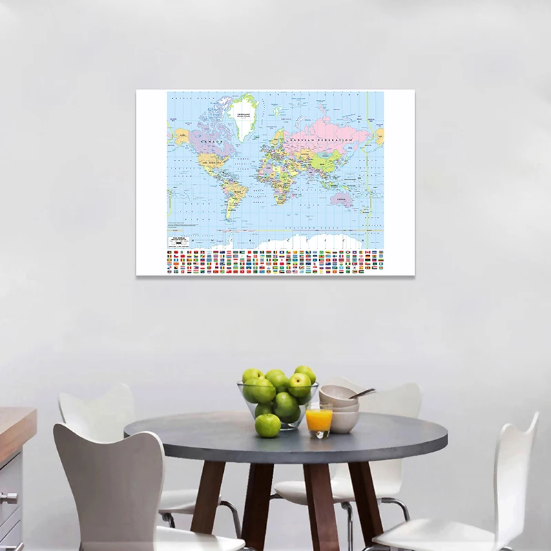 

World Detailed Political Map 225*150cm Map with National Flags Non-woven Canvas Painting Wall Poster Home Decor School Supplies
