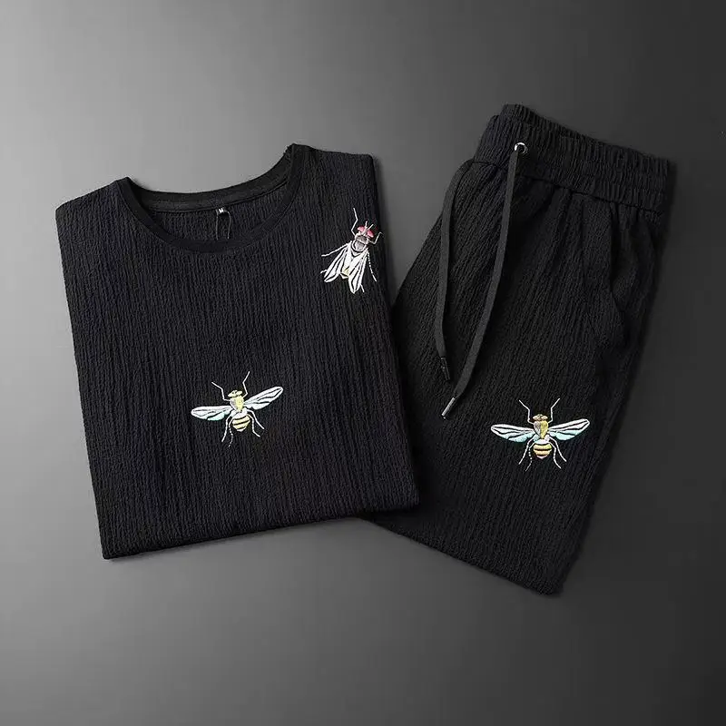 Men's Summer High-end Sports Suit Fashion Embroidery Casual Short-sleeved Trousers Two-piece Set
