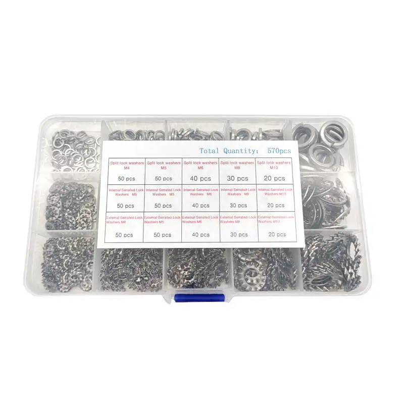 570Pcs 304 Stainless Steel External/Interna Tooth Star Lock Washers Assortment Kit M4 M5 M6 M8 M10 Spring