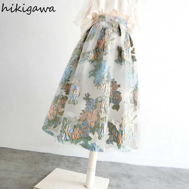 

Embroidered Organza Skirt for Women 2023 Faldas Mujer De Moda High Waist Temperament Jupe Fashion Korean A-line Summer Skirts