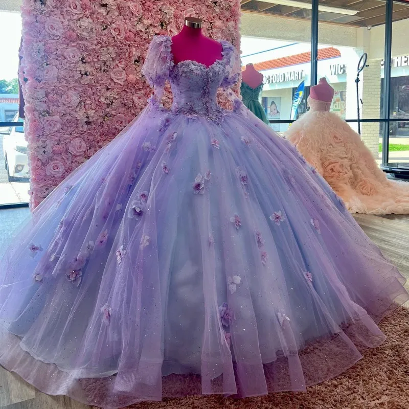 

ANGELSBRIDEP Lavender Lilac Quinceanera Dresses Floral Appliques with Bow Long Puffy Sleeves Party Prom Vestidos De 15 Anos