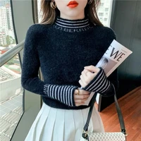 2022 spring autumn stripe printed solid color sweater korean fashion clothing for female half turtleneck long sleeves slim tops