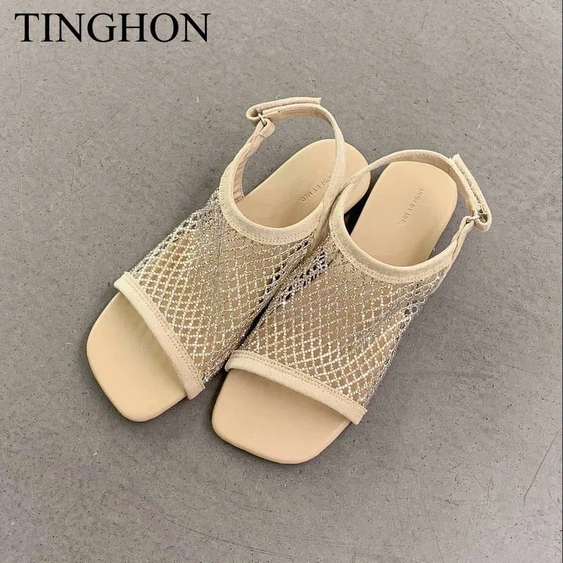 Фото Женские блестящие шлепанцы TINGHON с открытым носком и стразами |   Французские тюлевые сандалии в стиле феи для отпуска, лето 2026 №1