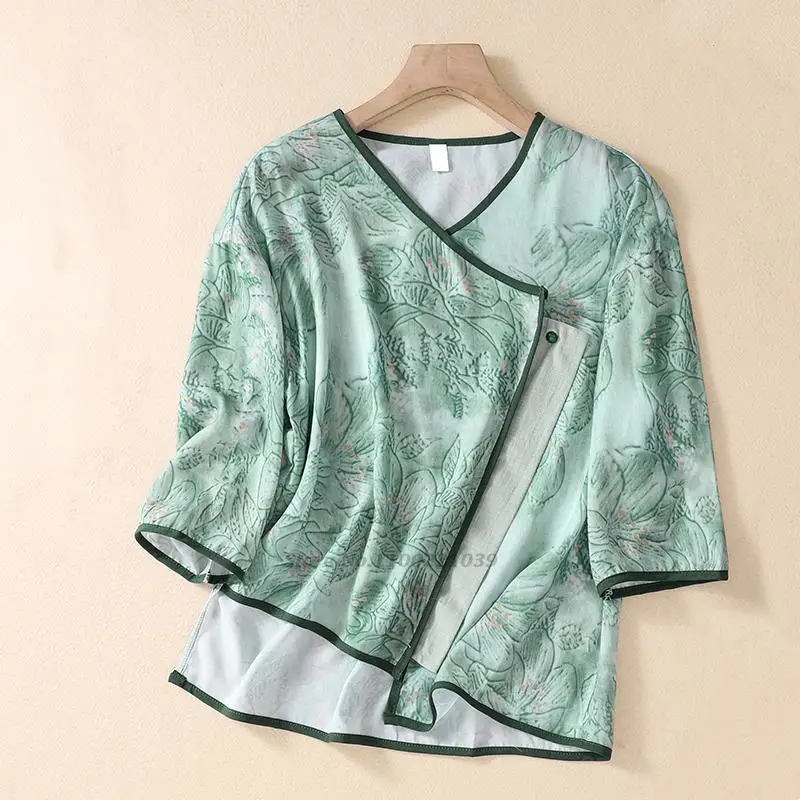 

2022 chinese traditional cheongsam blouse women retro qipao floral print cotton linen shirts elegant tang suit chinese blouse