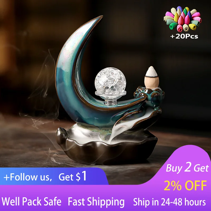 

With 20 Cones Waterfall Incense Burner Creative Home Decor Incense Holder Portable Ceramic Censer Handicraft +Gift