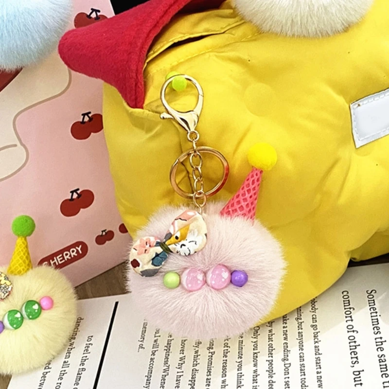 

Помпон цепочка в форме мороженого милый мороженое мультяшный плюшевый помпон брелки индивидуальный автомобильный брелок кольцо сумка кулон