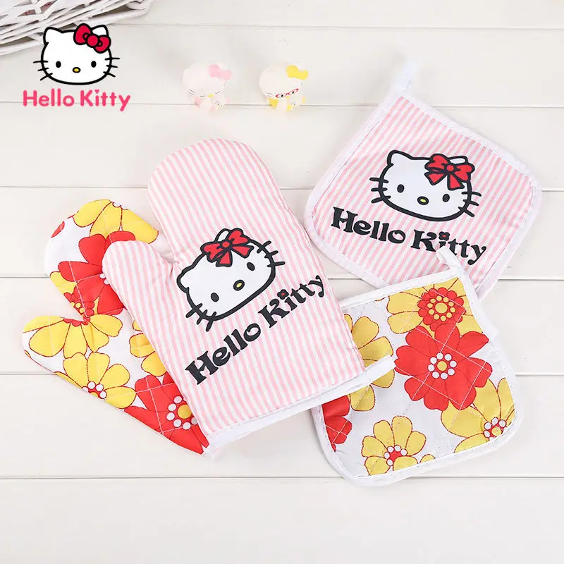 

Симпатичные термостойкие кухонные перчатки Hello Kitty с рисунком из мультфильма для защиты от ожогов в духовке и выпечке, термоизоляционные пе...