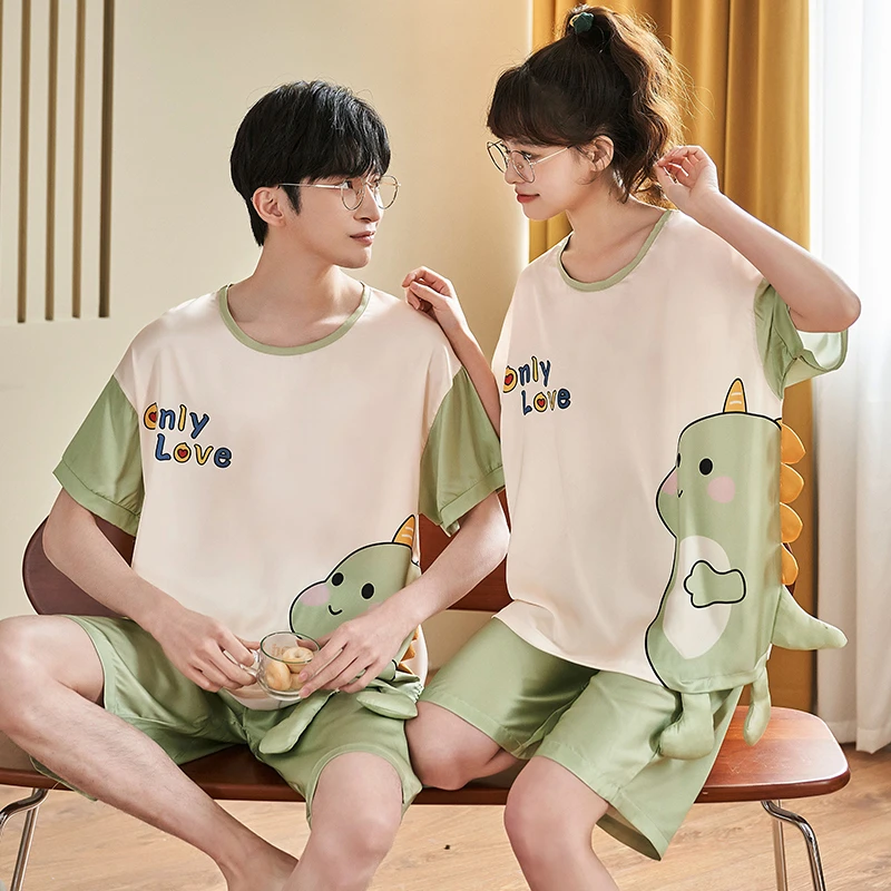 2PCS Summer Pajama Sets For Women Men Couple Sleepwear Cotton Korean Pyjama Cartoon Dinosaur Pattern Pijama Mujer Casual Clothes