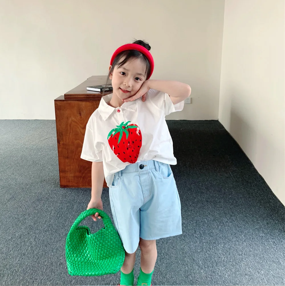 

Girls Short-Sleeved Shirt Summer 2022 New Baby Korean Cartoon Thin Section Single-Breasted Lapel Shirt Children's Top