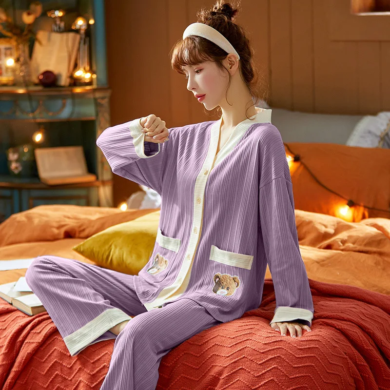 Knitted Cotton Pajams for Women Cardigan V-neck Kimono Women's Pajama Set Long Sleeve Homewear Sleepwear pyjama pour femme