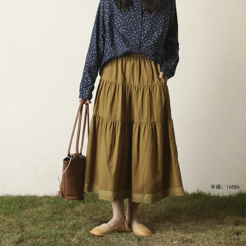 

Solid High Waist Vintage Folds Long Skirt Khaki Brown Black Spring Women Maxi Skirt