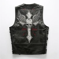 mens spring and autumn hot selling leather punk motorcycle vest riding skull embroidery leather sleeveless v neck vest jacket