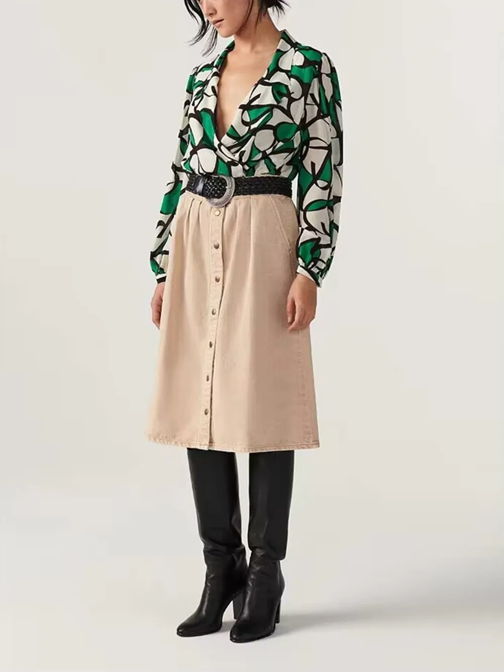 

Ladies Vintage Washed Single-Breasted Denim Skirt Summer Versatile High-Waisted Female Loose Pleated Mid-Length Jupe