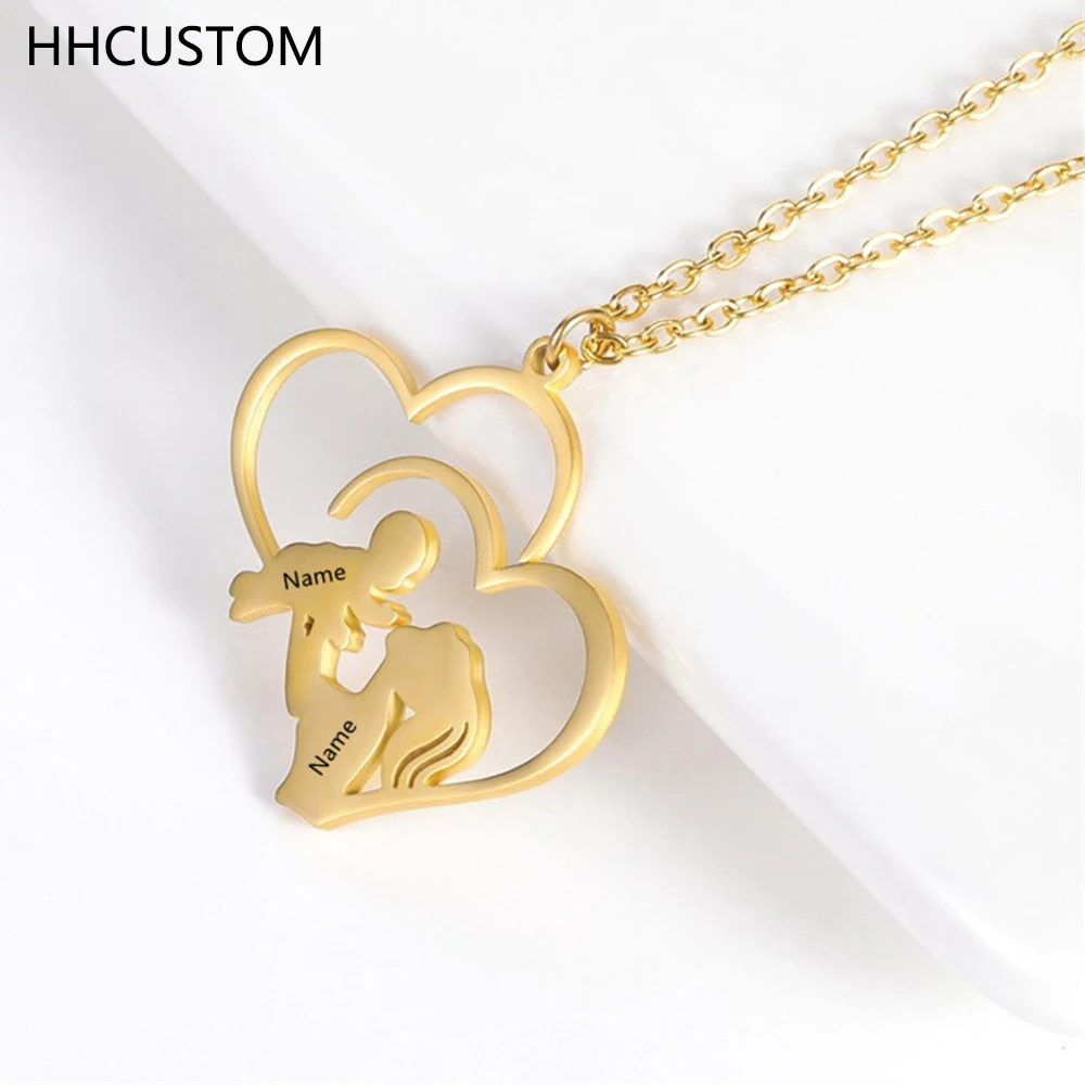 

HHCUSTOM Custom Heart Name Necklaces Personality Stainless Steel Mother And Child Nameplate Pendant Choker For Women Jewelry