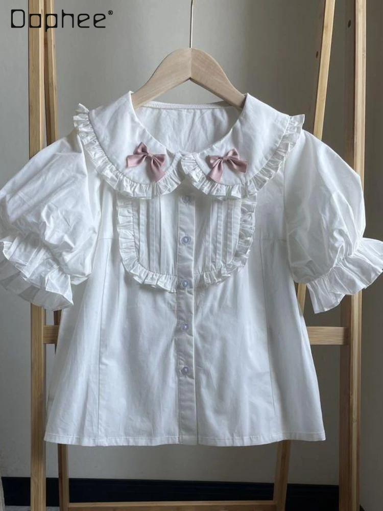 

Lolita Sweet Doll Collar Shirts Woman Cute Cotton Inner Wear Short Puff Sleeve Bow White Bottoming Top Blusas Femininas 2023