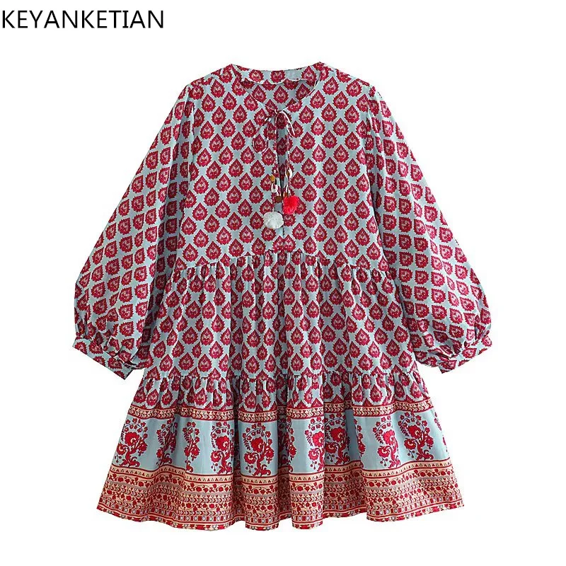 

KEYANKETIAN Spring Autumn New National Style Printed Hairball Tassel Lace-Up Short Dress Women Retro Loose A-Line Mini Skirt