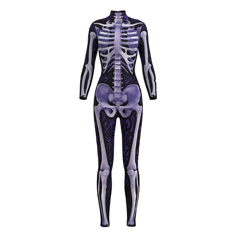 Women's Jumpsuits & Rompers Women Halloween Bodycon Jumpsuit Gold Black Floral Skeleton Sexy Long Sleeve S To XL 2 Patterns