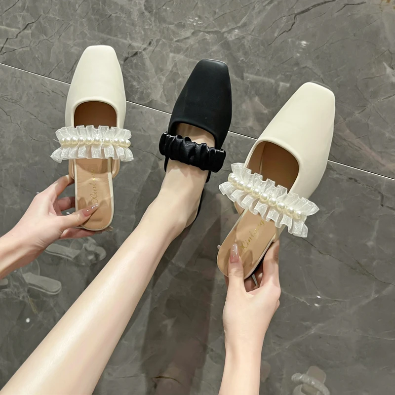 

Female Shoes Square Toe Slippers Casual Mules For Women 2022 Slides String Bead Low New Luxury Flat Rubber PU Rome Slippers Casu